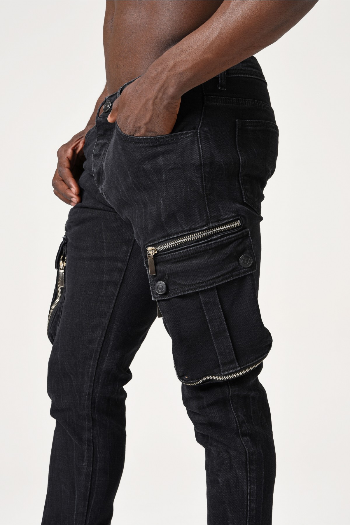 Erkek Denim Pantolon - Belde Siyah morato etiketi ve kargo cep - Koyu Gri